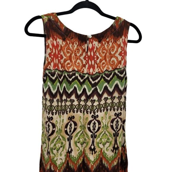 Vtg R&K Dress Boho Tribal Sleeveless Shift Tea Length Warm Neutrals Beaded Sz 8 - Picture 8 of 13